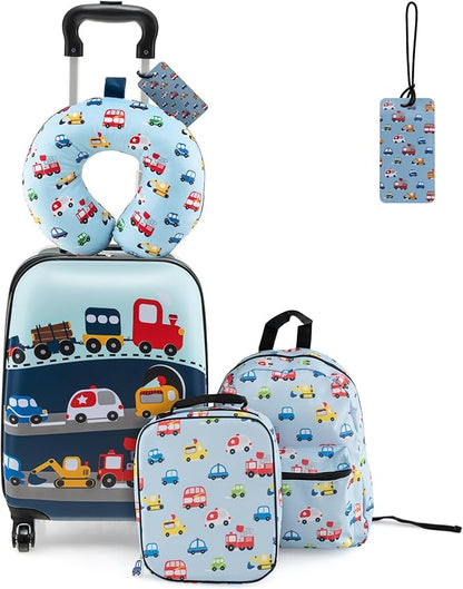 Goplus 5 Piece Kid’s Luggage Set, 16” Carry on Suitcase w/13” Backpack, Neck Pillow, Hardside Spinner Toddler Luggage, Travel Rolling Suitcase for Boys Girls Gifts (Blue, Car)