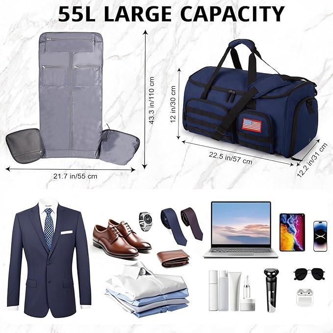 3-in-1 Tactical Garment Bag For Men,55L Large Capacity Convertible Suit Bag,Garment Bags For Hanging Clothes With Shoes Compartment, Multi-Functional Suit Bag For Travel Business