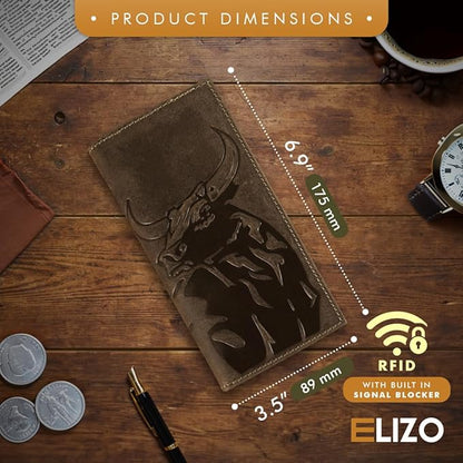 ELIZO Leather Long Wallet for Men Western Wallet Rodeo Mens Wallet Flat Bifold Wallets for Men Biker Billfold Wallet for Men Cowboy Wallet RFID Wallet for Men with Credit Card Holder