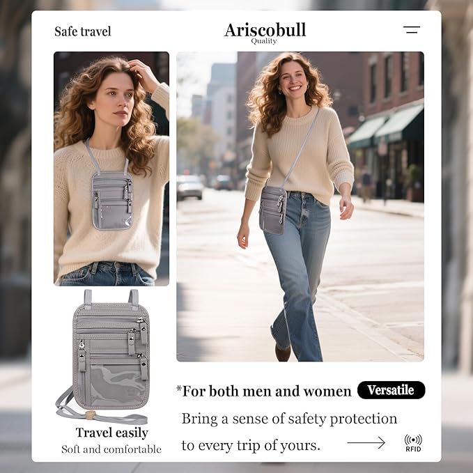 Neck Wallet - Rfid Wallet Women - passport holder for travel - Travel Wallet Passport Holder For Travel Women - 10.3x6.8inch (Light Gray)