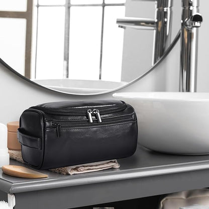 Toiletry Bag for Men, Hanging Travel Shaving Dopp Kit for Men and Women, Water-resistant Toiletries Organizer Bags, PU Leather Cosmetic Bags for Makeup Accessories (Black)
