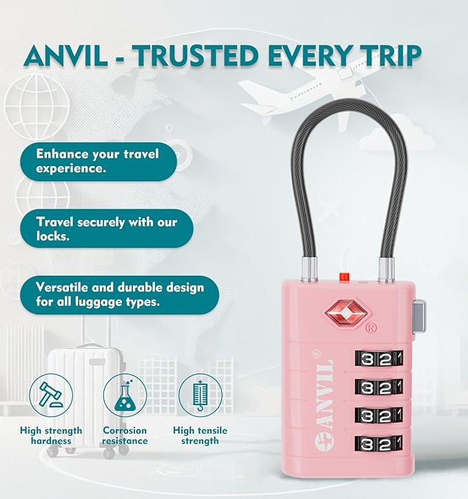 ANVIL 4 Digit Luggage Locks, TSA Locks for Luggage, Advanced TSA008 core, Alert Indicator for Your Travel Lock, Suitcase Lock.(4, Pink)