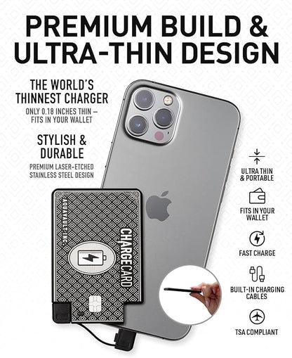 AquaVault ChargeCard – Ultra Slim Emergency Power Bank (2300mAh) – Fits in Wallet – USB-C & Micro-USB – Durable Steel Body – Flight-Safe for iPhone 12-17 & Android - Black