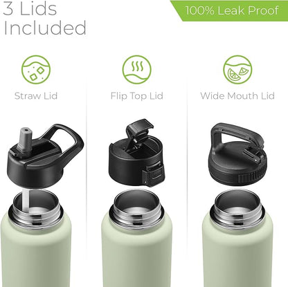 SipX™ Triple-Insulated Stainless Steel Water Bottle 40oz. With 3 Lids, BPA-Free Reusable Insulated Water Bottle Keeps Cold 24 Hours, Metal Water Bottle Made Of Sustainable Material For Hiking & Biking