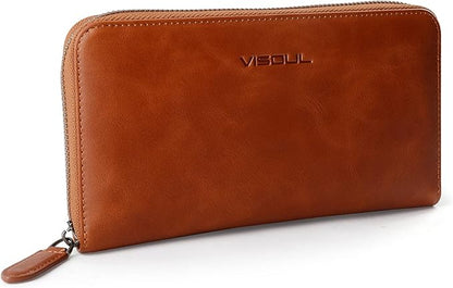 VISOUL Leather Long Zipper Pouch Wallet for Men and Women with RFID Blocking, Large Clutch Cash Long Wallet with Zipper (Orange)
