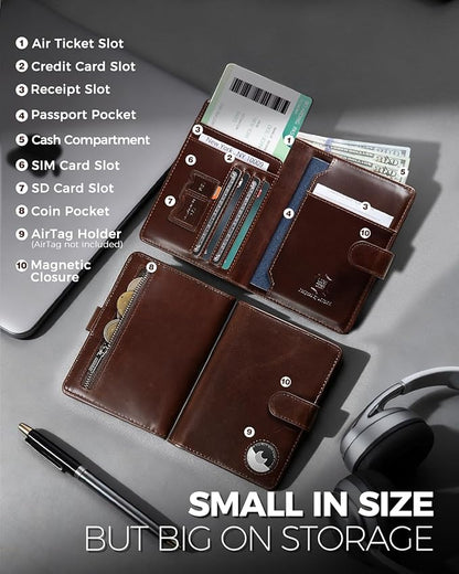 LORZOR Passport Holder for Travel: Full Grain Leather Passport Cover with Airtag Holder Magnetic Buckle for Men - RFID Blocking Bifold Wallet for Air Ticket Card Cash Coin (Brown)