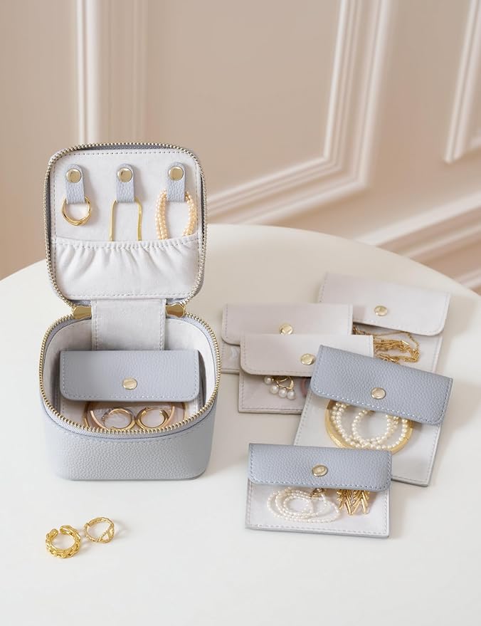 Popvibe Small Jewelry Travel Case for Women Mini Jewelry Box Organzier Traveling with 6 Jewelry Pouch Small Jewelry Bags, Leather Travel Size Jewelry Organizer Bag for Earrings Necklace, Blue Gray