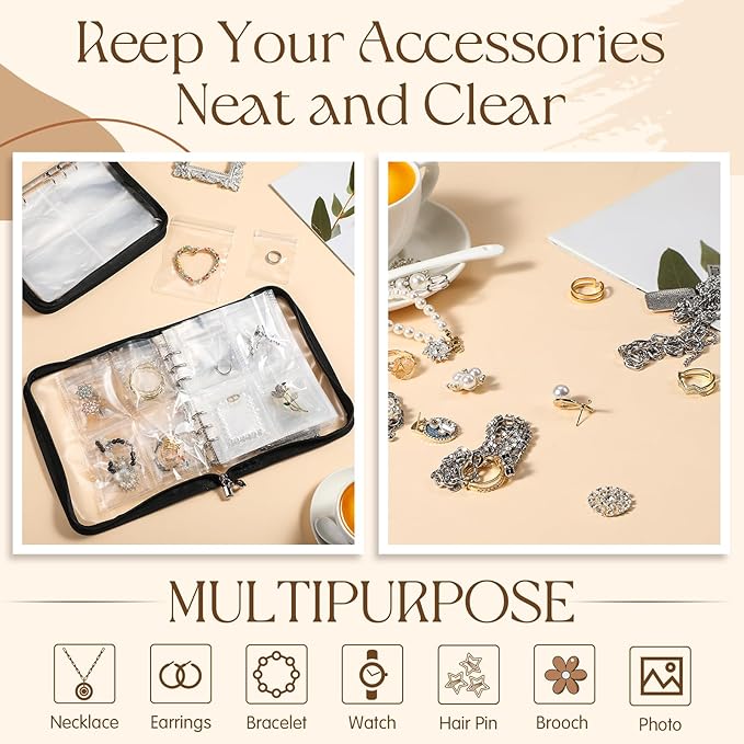 6 Sets Transparent Jewelry Storage Book Travel Jewelry Organizer Earring Organizer Case Bracelet Holder for Necklace Earrings Ring Holder with Clear Zippered Pouch Anti Tarnish Pouches