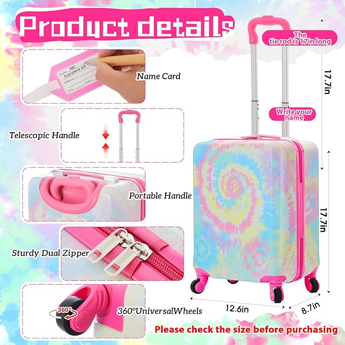 Redbaker 6 Pcs Kids Luggage Set 17 Inch Kids Rolling Luggage Double Pattern Suitcase for Girls Boys School Gift(Pink,Tie-dye Style)