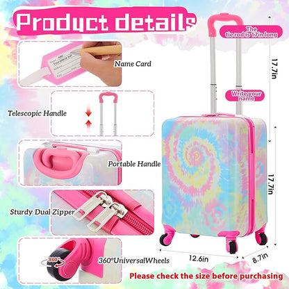 Redbaker 6 Pcs Kids Luggage Set 17 Inch Kids Rolling Luggage Double Pattern Suitcase for Girls Boys School Gift(Pink,Tie-dye Style)
