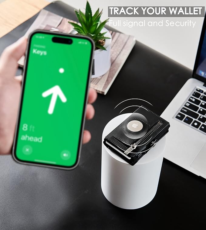 Mens Wallet Card Holder for AirTag, Leather Smart Wallet for Men, Airtag Wallet Pop Up Wallet, RFID Blocking, Slim, Carbon Fiber, Minimalist - 10-14 Card Capacity | ID Window | Cash Slot (Black)