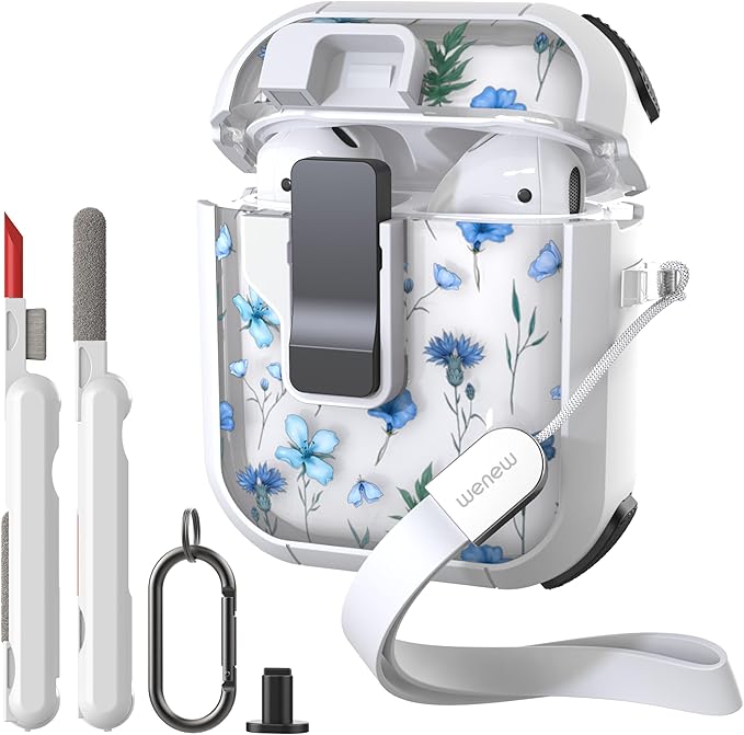 WENEW Case for AirPods 1 & 2 Case Cover Secure Lock Automatic Snap Switch Clip Cleaner Kit Lanyard Women Stylish Flower Armour Hard Shell Full Body (Blue, AirPods 1st & 2nd)