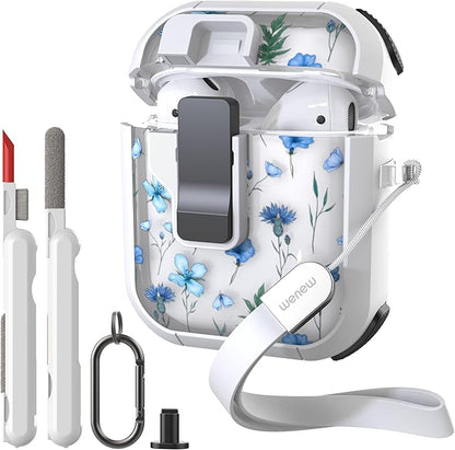 WENEW Case for AirPods 1 & 2 Case Cover Secure Lock Automatic Snap Switch Clip Cleaner Kit Lanyard Women Stylish Flower Armour Hard Shell Full Body (Blue, AirPods 1st & 2nd)