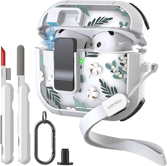 WENEW Case for AirPods 4th Case Cover Secure Lock Automatic Snap Switch Clip Cleaner Kit Lanyard Women Stylish Flower Armour Hard Shell Full Body Front LED Visible (Green Leaves, AirPods 4th)