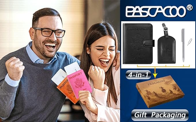 Passport Holder With Luggage Tag Cover Wallet RFID Blocking Leather Case Travel Essentials Accessories Travel Must Have(114#Black)