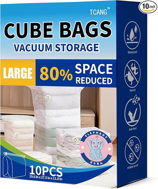 10 Pack Vacuum Storage Bags, Large Cube Bag (19.6 * 27.5 * 11.8 Inch), Large Vacuum Seal Bags for Clothing, Comforters, Blankets, Bedding, Closet Organization Space Saving