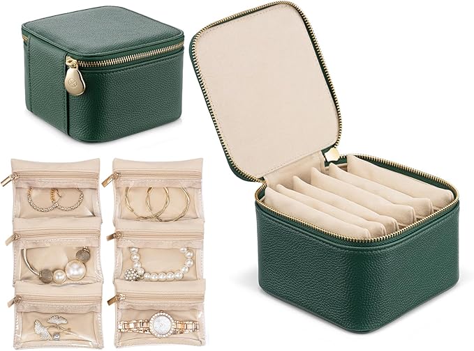 Vlando Small Travel Jewelry Box Organizer -6 Small Carry-on Zipped Pouches for Jewelries Necklaces Rings Earrings Necklace Sorting Storage, Dark Green