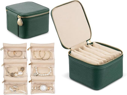 Vlando Small Travel Jewelry Box Organizer -6 Small Carry-on Zipped Pouches for Jewelries Necklaces Rings Earrings Necklace Sorting Storage, Dark Green