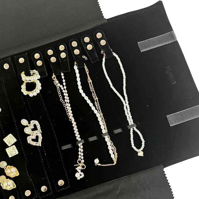 UnionPlus Velvet Jewelry Case Roll Bag for Necklace Bracelet Earrings Rings Multi-compartments, Great Jewelry Organizer for Travel, Black