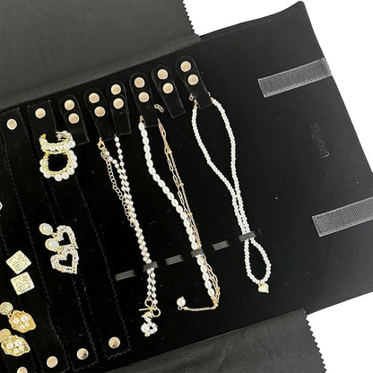 UnionPlus Velvet Jewelry Case Roll Bag for Necklace Bracelet Earrings Rings Multi-compartments, Great Jewelry Organizer for Travel, Black