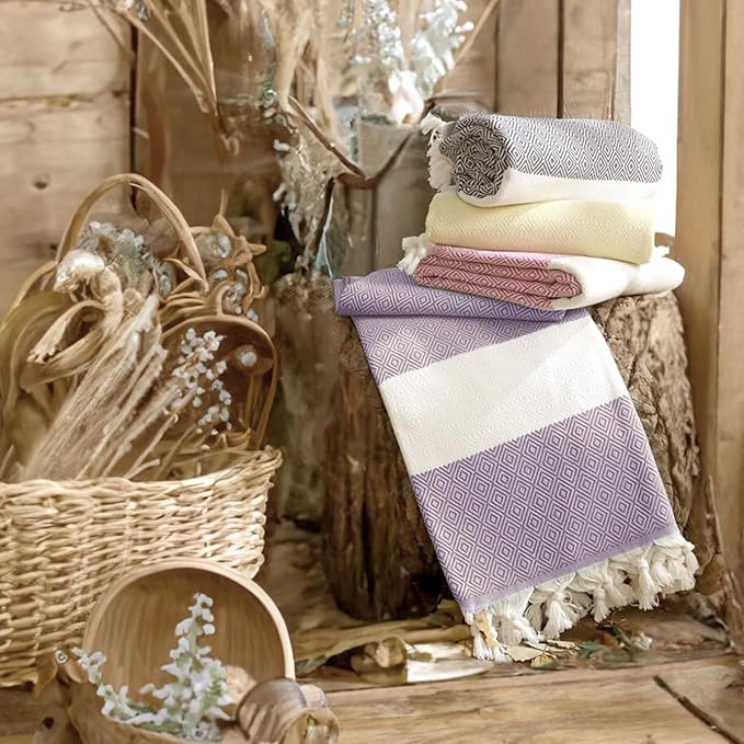 Bazaar Anatolia Turkish Beach Towel – 100% Cotton, Quick Dry, Sand Free Towel for Bathroom, Camping, Travel – Oversized 71x39 Inches – Diamond Purple