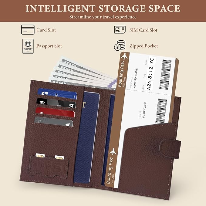 Genuine Leather Passport Holder for Women Men, Hidden Airtag Pocket, RFID Blocking, Zippered Coins Pocket & Cash Compartment Travel Gifts Essentials Passport Cover Case - Coffee