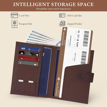 Genuine Leather Passport Holder for Women Men, Hidden Airtag Pocket, RFID Blocking, Zippered Coins Pocket & Cash Compartment Travel Gifts Essentials Passport Cover Case - Coffee