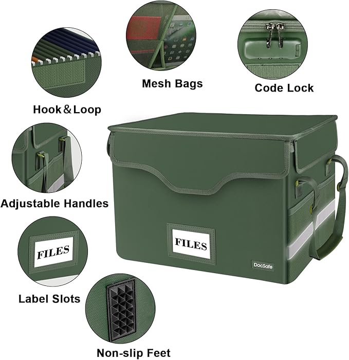 DocSafe Fireproof Document Box with Lock,File Storage Organizer with Mesh Pockets＆Lid,Collapsible Portable File Box Home Office Safe Filing Cabinet with Handle for Hanging Letter/Legal Folder,Green