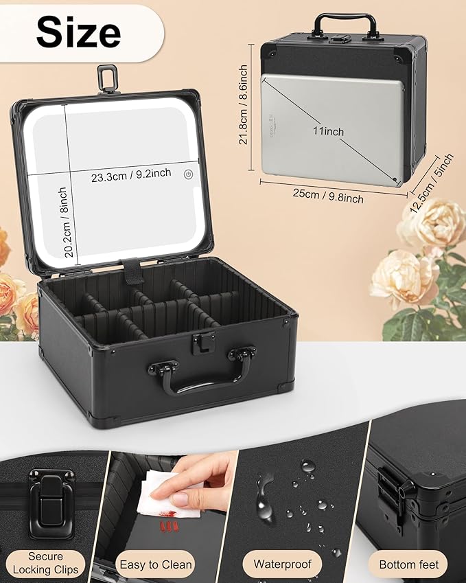 Makeup Case with Lighted Mirror, Travel Makeup Box with LED Mirror Makeup Organizer Bag Portable Cosmetic Train Case Makeup Artist Storage Bags with Adjustable Dividers Gifts for Women and Girls
