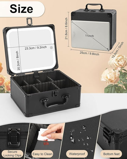 Makeup Case with Lighted Mirror, Travel Makeup Box with LED Mirror Makeup Organizer Bag Portable Cosmetic Train Case Makeup Artist Storage Bags with Adjustable Dividers Gifts for Women and Girls