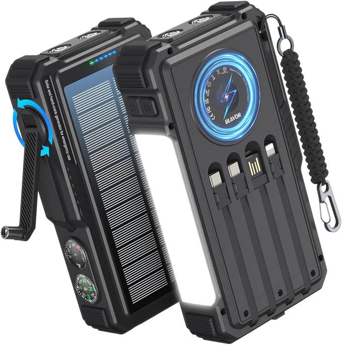 BLAVOR Solar Power Bank with Hand Crank and 4 Cables, 20000mAh Wireless Portable Charger with USB C & Camping Light, 20W Fast Charging Battery Pack for iPhone, iPad, Samsung, All Mobile Phones