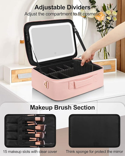 Relavel Makeup Bag with LED Mirror, 16.2 inches Large Professional Makeup Case for Makeup Artists, Travel Portable Cosmetic Organizer Storage Box, Vanity Case with 3 Colors Lighted Mirror, Pink