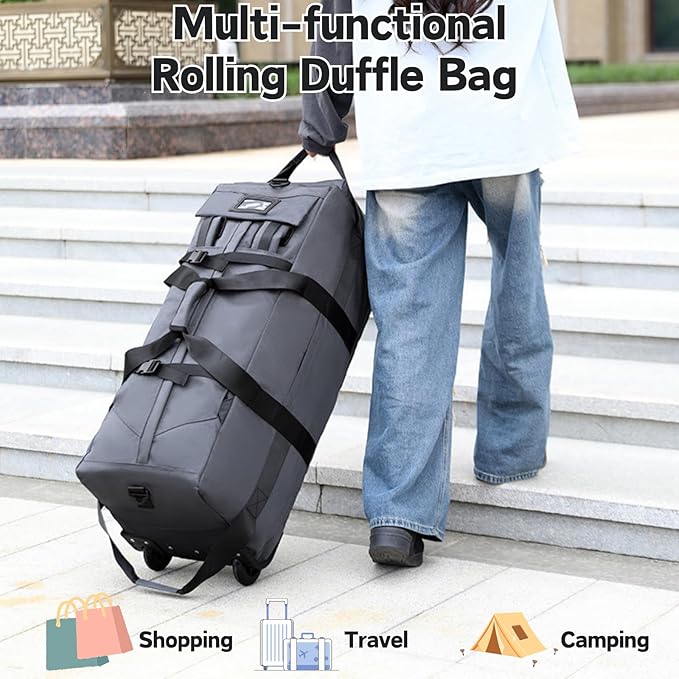 Rolling Duffle Bag with Wheels, 92L 34” Folding Duffle Backpack Soft-Sided with 2 Wheels, 6-way Carry-On Large Travel Bag Men/Women Multiple Pockets for Long Trip, green