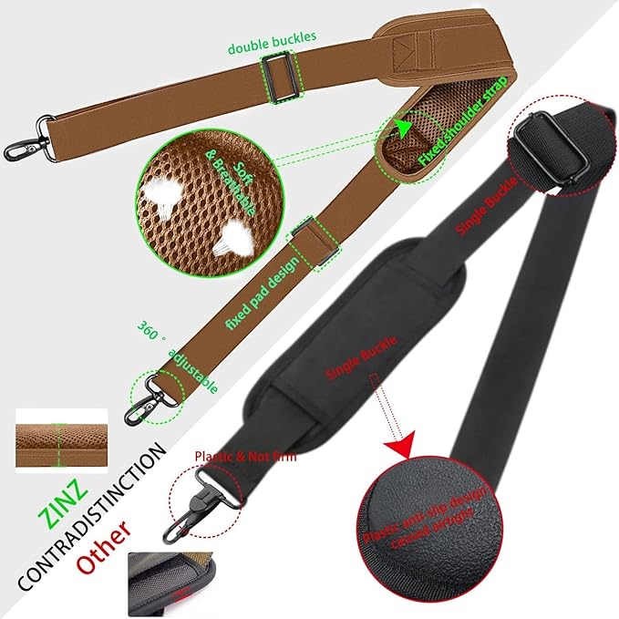 ZINZ Shoulder Strap Universal Bag Strap - 78" Ultra-Thick Padded with Dual Balanced Adjustable Buckles for Briefcase, Travel, Sports, Laptop, Crossbody Bag，Khaki