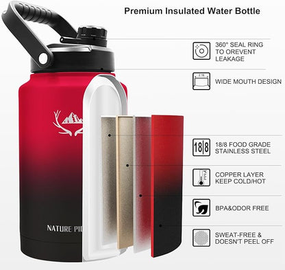 NATURE PIONEOR One Gallon Water Bottle Insulated - Large Double Vacuum Stainless Steel 128 oz Water Bottle with Holder/Carrier, 1 Gallon Water Jug,128oz, Wide Mouth