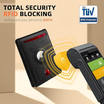 RUNBOX AirTag-Wallet-Mens-Slim-RFID Blocking Wallets Leather with Bill Compartment Air Tag Bifold Card Holder Wallet Gifts for Men Dad