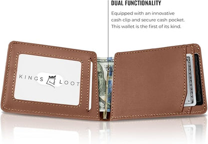 Kings Loot Wallet for Men | Minimalist Slim RFID Blocking Leather Design with Cash Pocket & Card Pull Strap | Holds 1-15 Cards | Stylish & Durable Wallets (Bourbon)