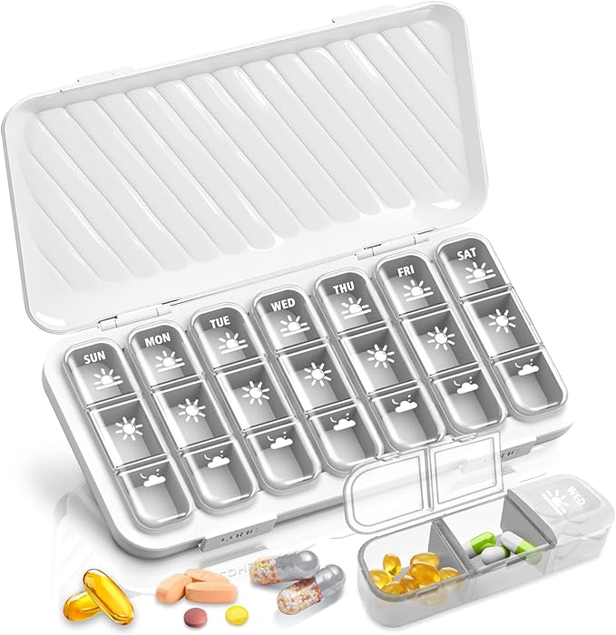 Pill Organizer 3 Times A Day - GloDeals Weekly Pill Organizer 2 Times A Day, Large Pill Box 7 Day Medicine Organizer Pill Case, Pill Container Holder, Daily Pill Box 3 Times A Day, for Vitamin, White