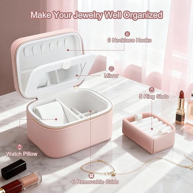 DesignSter Travel Jewelry Case,Small Jewelry Box with Mirror,Leather Material Travel Jewelry Case Organizer, Portable Jewelry Organizer with Zipper(Pink