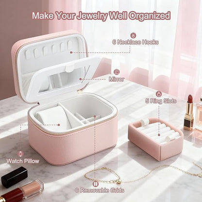 DesignSter Travel Jewelry Case,Small Jewelry Box with Mirror,Leather Material Travel Jewelry Case Organizer, Portable Jewelry Organizer with Zipper(Pink