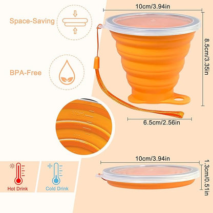 Collapsible Cups for Traveling - Portable Silicone Collapsible Cup with Lid, Reusable Collapsible Cups Drinking for Outdoor Hiking, Picnic, Fishing or Home Use (9.22oz) -4 Pack