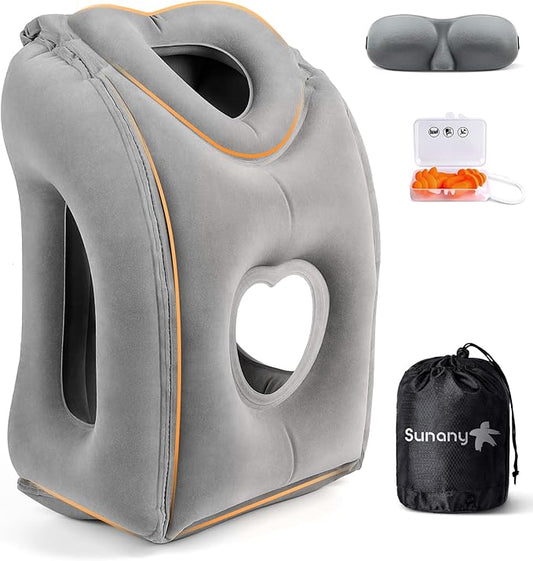 Sunany Travel Pillow, Upgraded Plane Pillow for Long Flights, Inflatable Neck Pillow Used for Airplanes,Cars,Buses,Trains,Office Napping with Eye Mask,Earplugs (Gray)