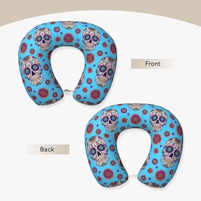 Neck Pillow Memory Foam Chin Cushion with Breathable Cover Mexican Sugar Skulls Day of The Dead Cross Flowers Green, Cute Airplane Car Pillows for Office Head Pain Relief
