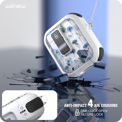WENEW Case for AirPods 1 & 2 Case Cover Secure Lock Automatic Snap Switch Clip Cleaner Kit Lanyard Women Stylish Flower Armour Hard Shell Full Body (Blue, AirPods 1st & 2nd)