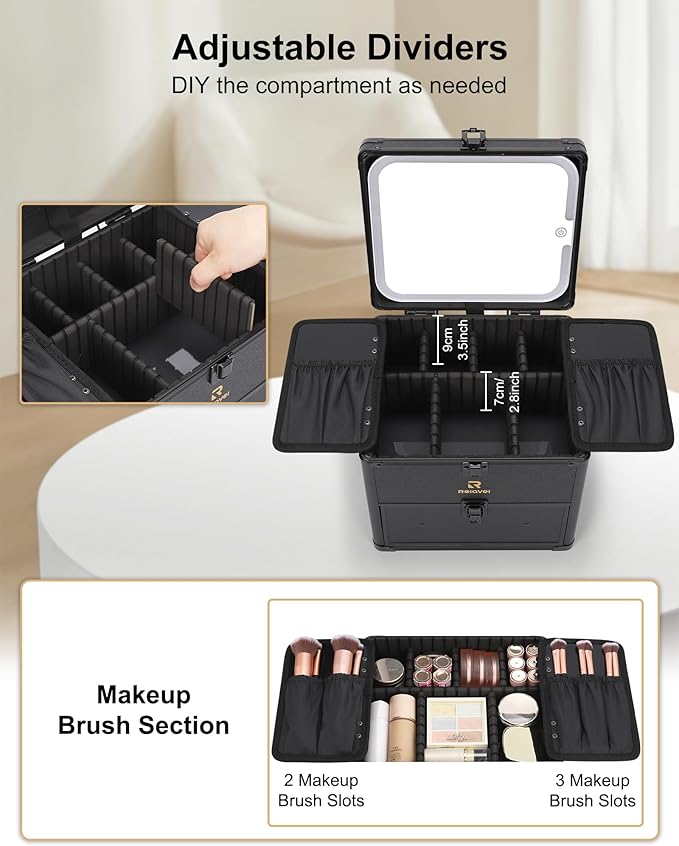 Relavel Makeup Bag with LED Mirror, Dual Layer Cosmetic Train Case with Light up Mirror Large Travel Makeup Artist Organizer Bag for Women with Adjustable Dividers & Nail Polish Organizer, Black