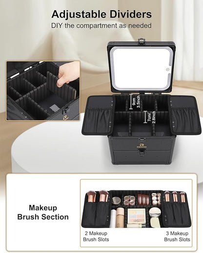 Relavel Makeup Bag with LED Mirror, Dual Layer Cosmetic Train Case with Light up Mirror Large Travel Makeup Artist Organizer Bag for Women with Adjustable Dividers & Nail Polish Organizer, Black
