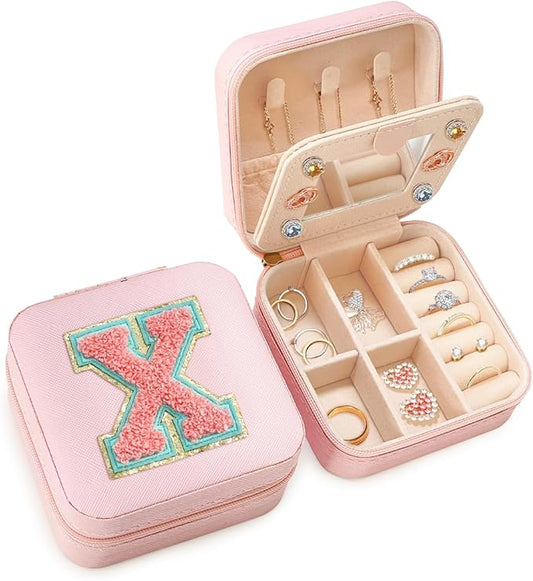 SANDJEST Personalized Jewelry Box, Pink Travel Jewelry Box with Initial X, Small Monogrammed Jewelry Case Organizer for Girls Women Teen Kids, Mini Travel Essentials Gifts for Birthday Christmas