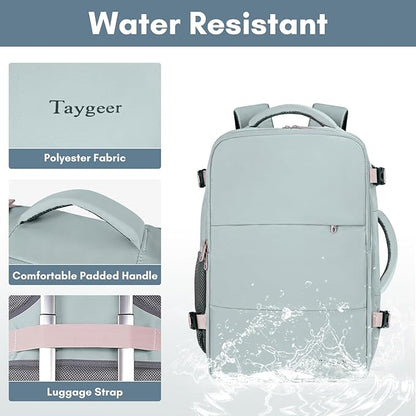 Taygeer Personal Item Backpack for Men Women, Travel Backpack Carry on Luggage Flight Approved with USB Charging Port & Shoe Pouch, Large Weekender Work Bag for Hiking Gift, Gray Powder