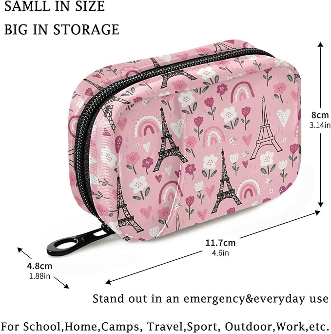Fustylead Black Eiffel Tower and Pink Rainbow Flower Hearts Pill Organizer Case with Zipper 2 Times A Day for Vitamin and Supplement, 7 Day Travel Organizer Medicine Case