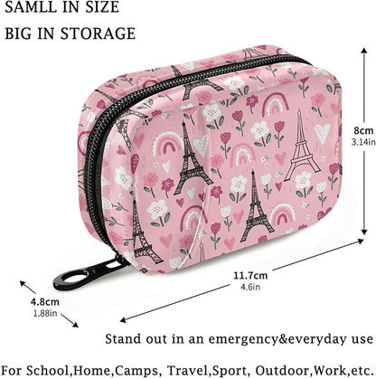 Fustylead Black Eiffel Tower and Pink Rainbow Flower Hearts Pill Organizer Case with Zipper 2 Times A Day for Vitamin and Supplement, 7 Day Travel Organizer Medicine Case